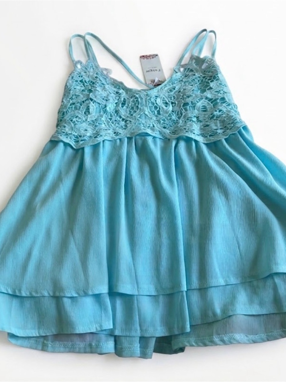 New Lace Crochet Style Cottagecore Feager Aqua Boho Chic Top Ruffle Fairycore